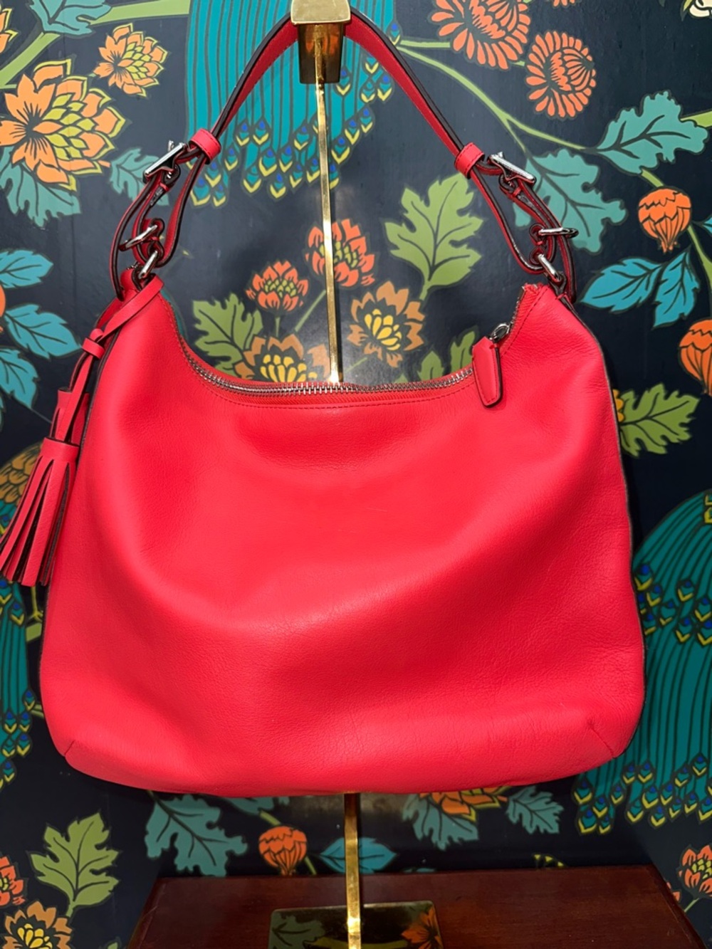 Coach Coral Red Leather Hobo Bag Turnlock Pocket Crossbody Strap Tassel 2012 - Picture 6 of 11